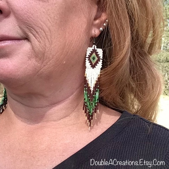 Native Diamond Beaded Earrings with Long Fringe, New, Handmade by Me - Picture 8 of 8